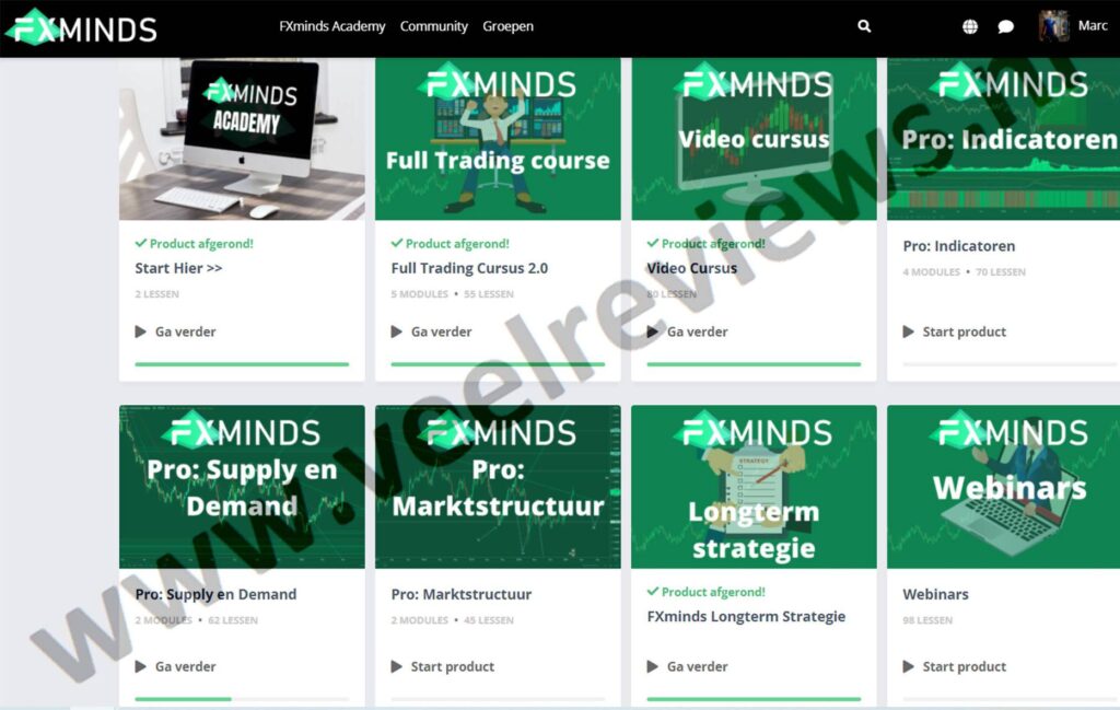 Op deze foto zie je de online omgeving van de FXminds Academy 2.0