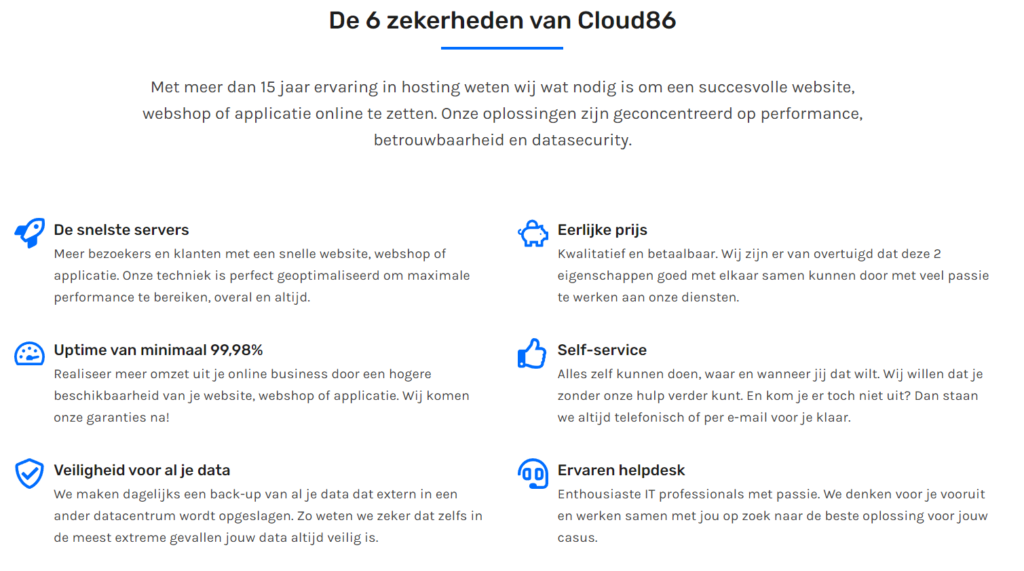 Op deze foto zie je de 6 zekerheden van cloud86