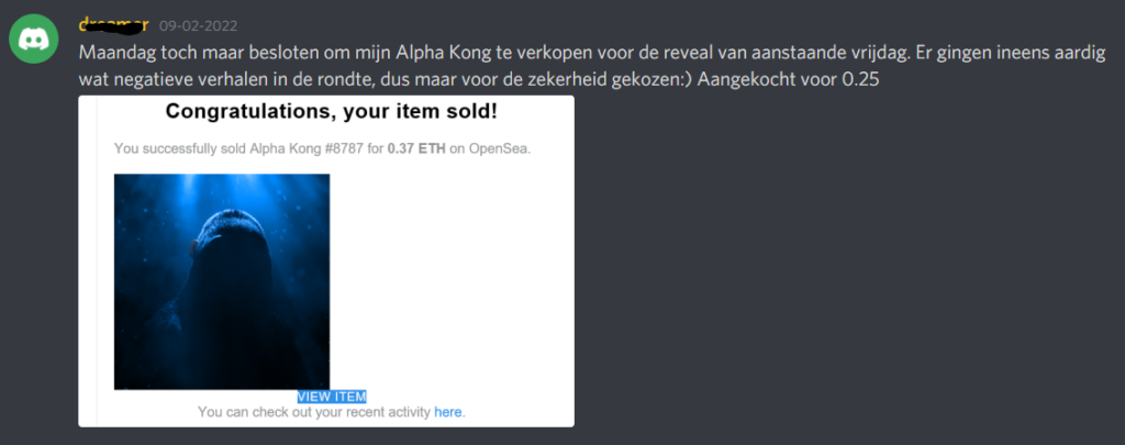 Op deze foto zie je een succesvolle NFT flip uit Moosty's NFT cursus
