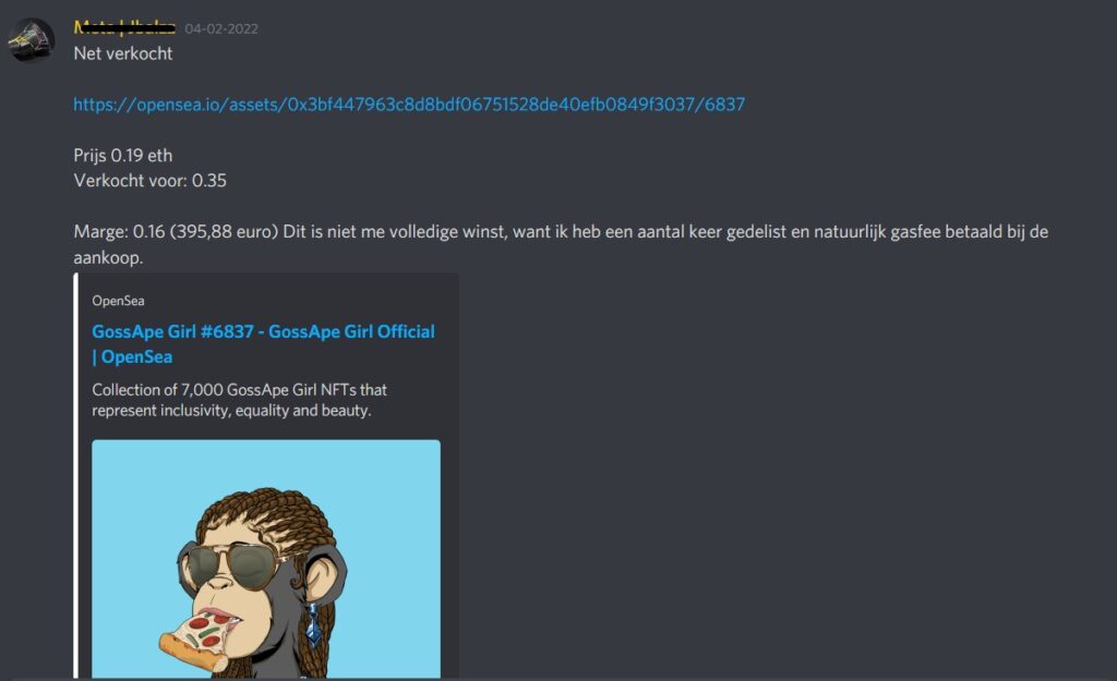 Op deze foto zie je een succesvolle NFT flip uit Moosty's NFT cursus