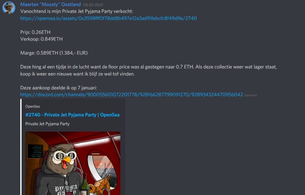 Op deze foto zie je een succesvolle NFT flip uit Moosty's NFT cursus