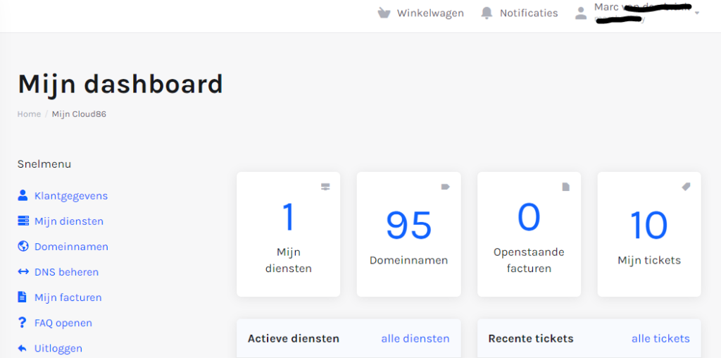 Op deze foto zie je het dashboard van cloud86