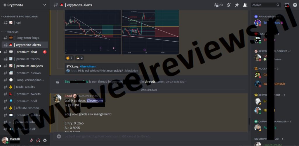Op deze foto zie je de discord omgeving van de Cryptonite Signalen Premium + Community