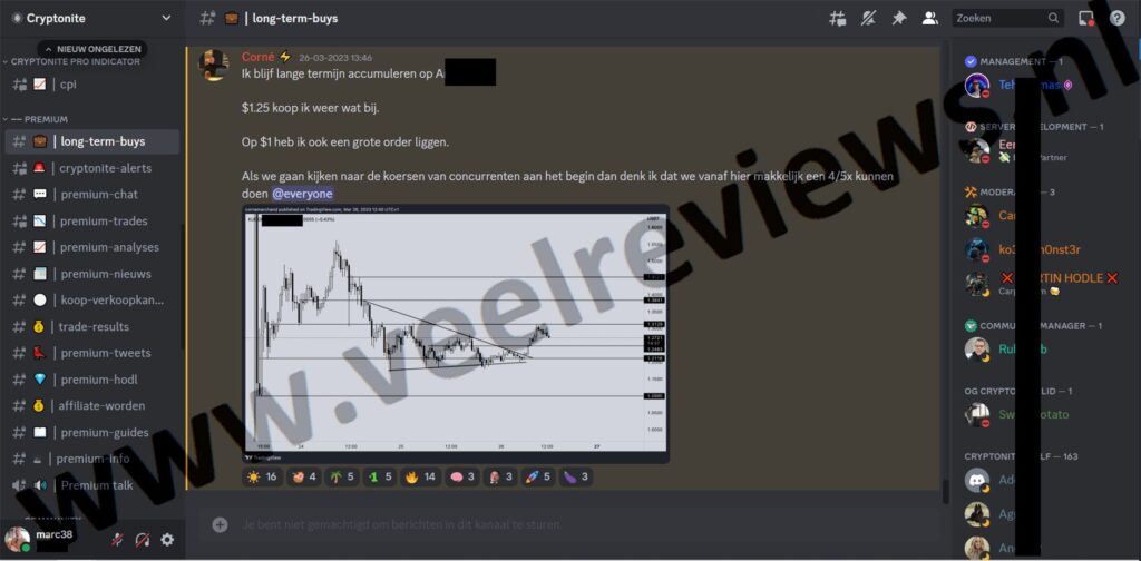 Op deze foto zie je de discord omgeving van de Cryptonite Signalen Premium + Community