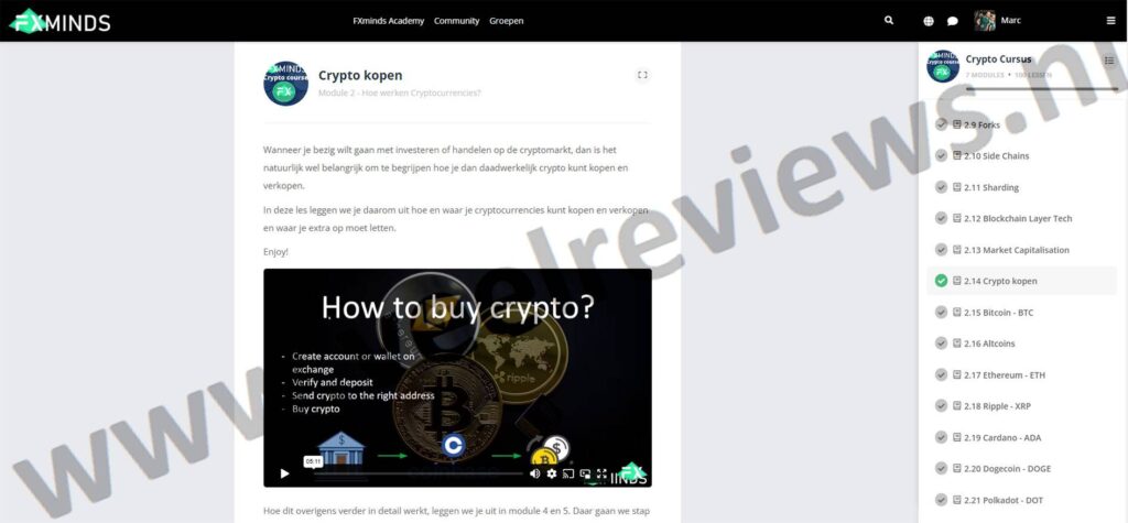 Op deze foto zie je de FXminds Crypto Course. mijn nummer 2 van de beste top 6 crypto cursussen