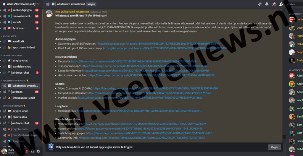 Op deze foto zie je de discord omgeving van Whatsnext Community (Rob Duijvestijn en Patrick Klijnsma)